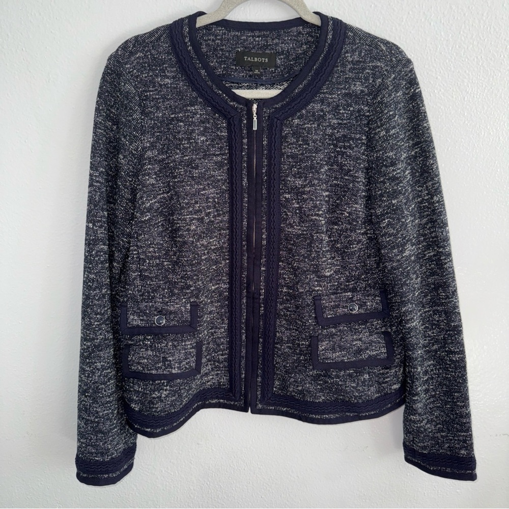 Talbots  Navy Tweed Zip Blazer Jacket SZ 14